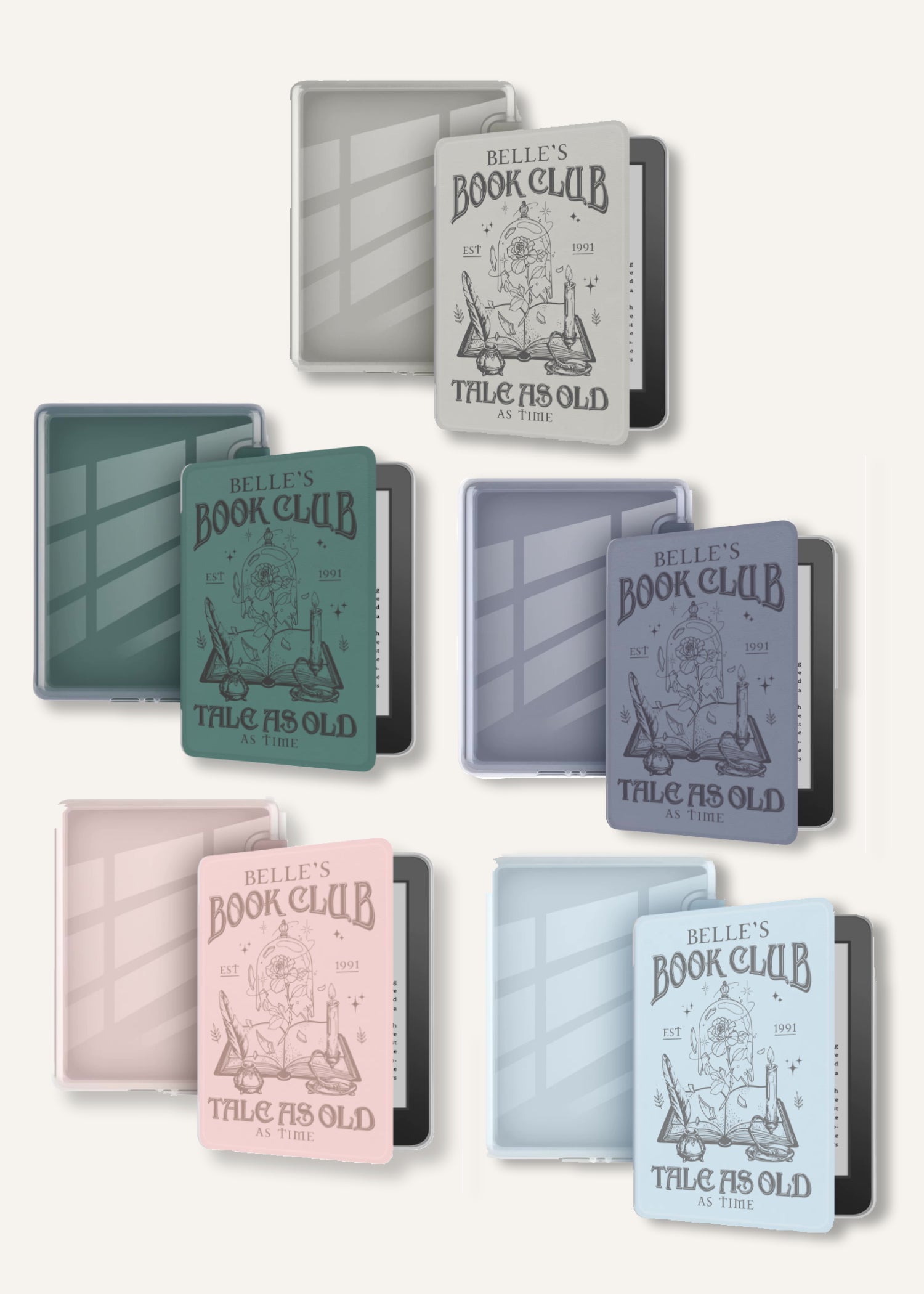 Set of colorful Kindle cases with 'Belle's Book Club' text on a cream white background