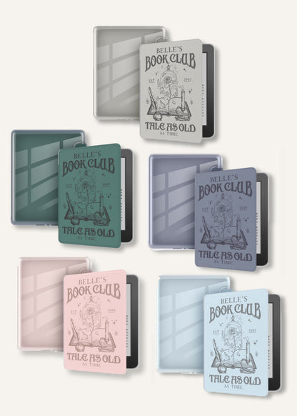 Set of colorful Kindle cases with 'Belle's Book Club' text on a cream white background