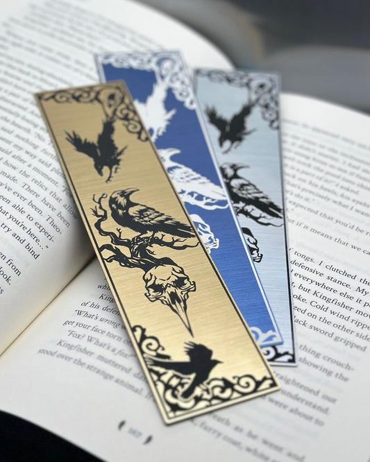 Three crows and a bird skull bookmarks etched on metallic acrylic
