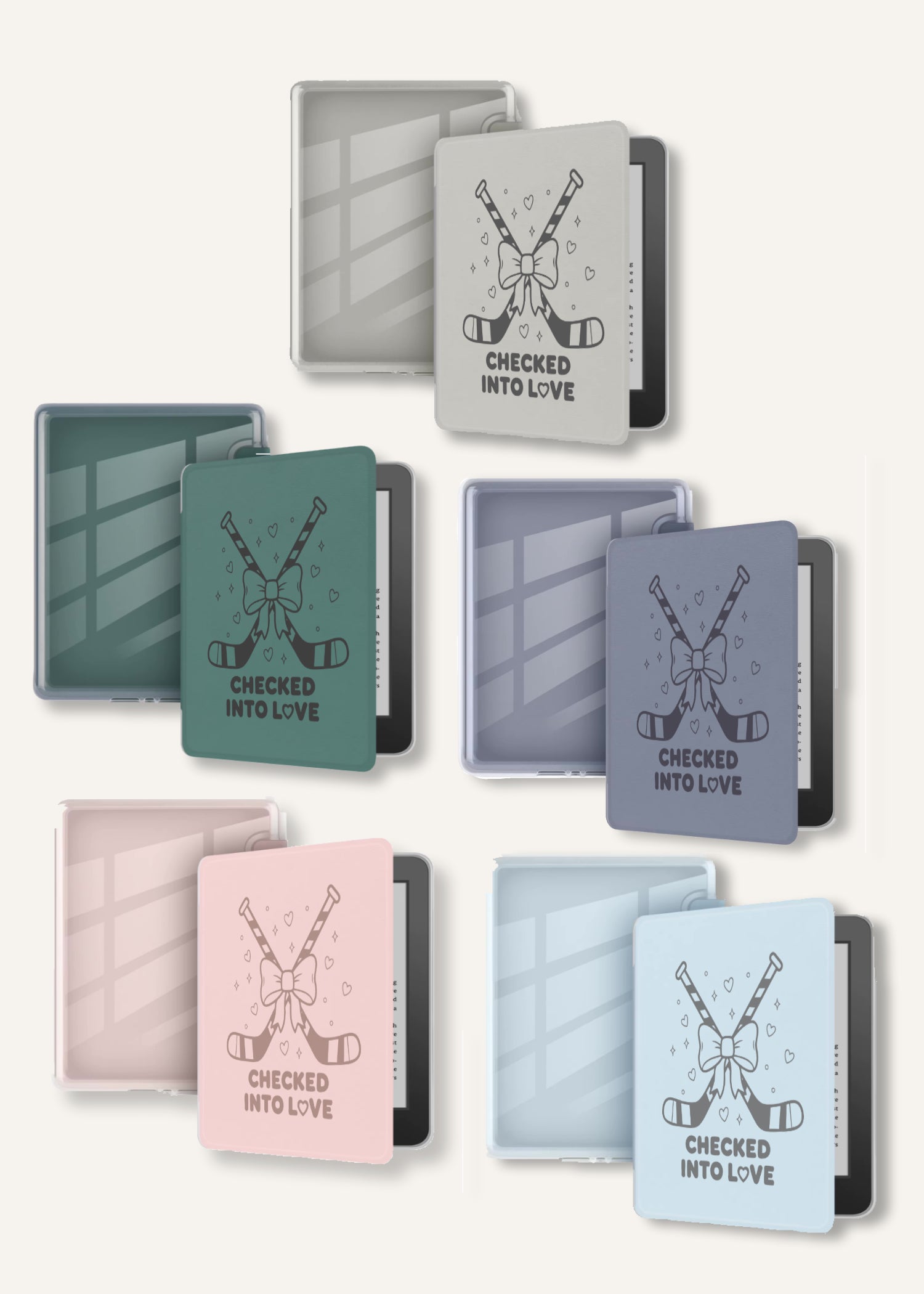 Set of colorful Kindle cases with 'Check into Love' text on a cream white background