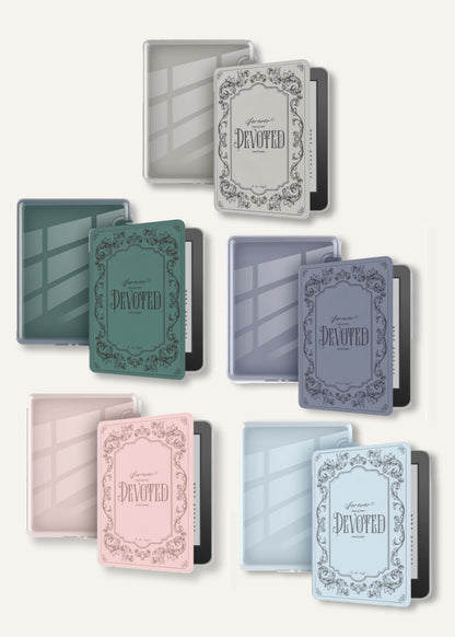 Set of colorful Kindle cases with 'Forever Devoted' text on a cream white background