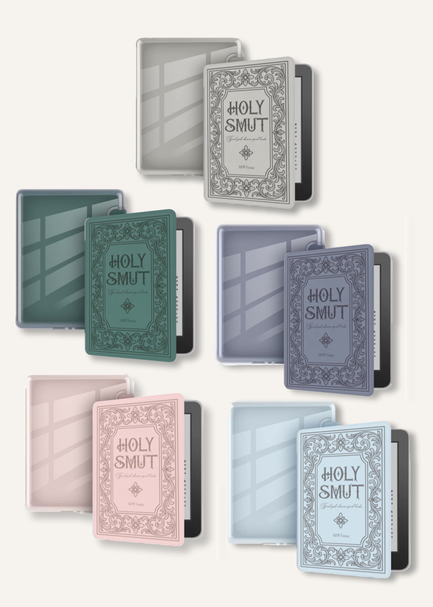 Set of colorful Kindle cases with 'Holy Smut' text on a cream white background