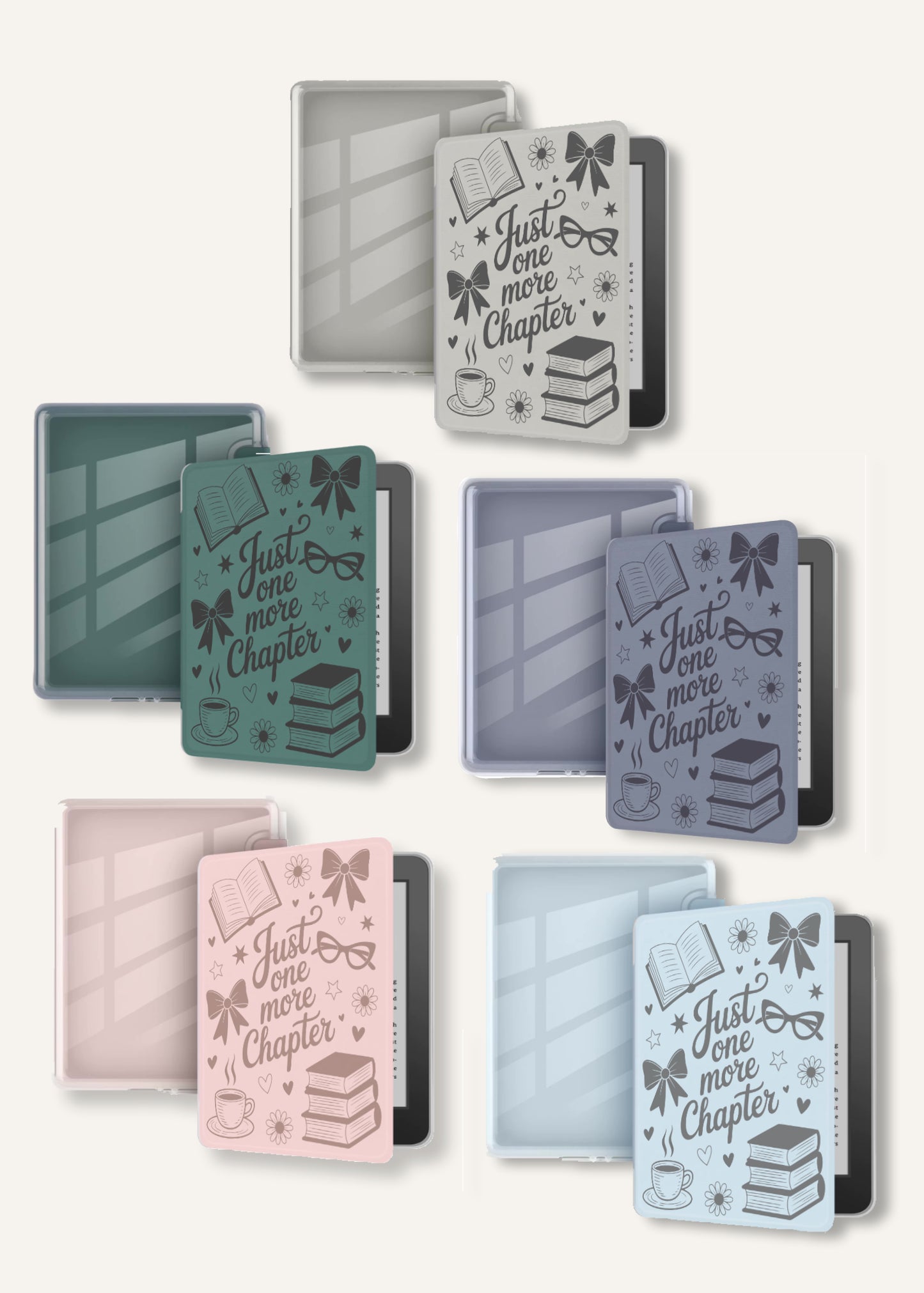 Set of colorful Kindle cases with just one more chapter text on a cream white background