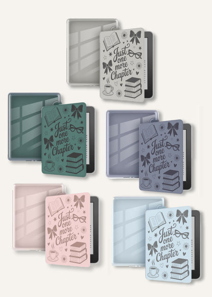Set of colorful Kindle cases with just one more chapter text on a cream white background