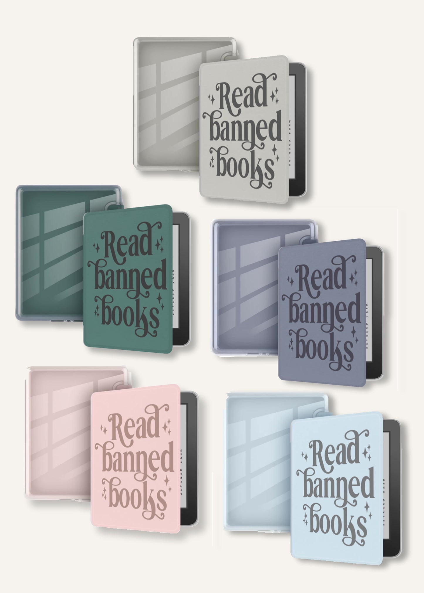 Set of colorful Kindle cases with 'Read banned books' text on a cream white background